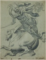 Perseus houdt het hoofd van Medusa vast, met Pegasus op de achtergrond