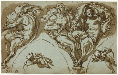 Studie voor borstversiering met Satijnvrouw, Saters en Putti (recto); Hoofd van Putto (verso)