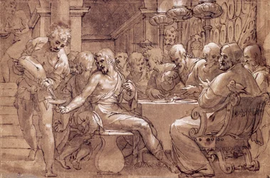 Het avondmaal van de heilige Gregorius, tekening van Paolo Farinati (1524-1606), grijsbruine aquarel, pen, loodwit en zwart potlood, Italië
