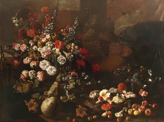 Stilleven met Bloemen, Fruit, Paddenstoelen en Vogels