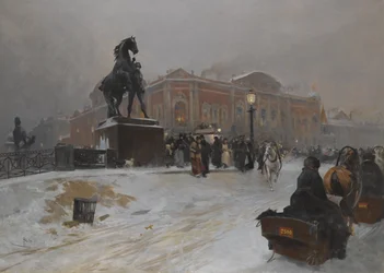 De Anichkov Brug op Nevsky Prospekt bij schemering