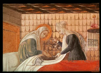 Geboorte van de Maagd, detail van St. Anna en een begeleider