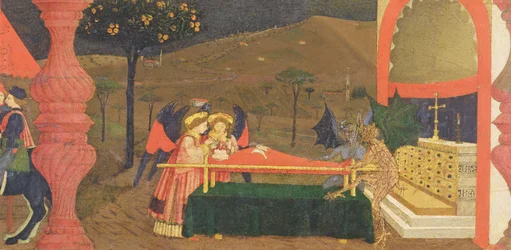 Predella van de ontheiliging van de hostie: het lichaam van de Joodse pandjesbaas bewaakt door engelen en duivels, ca. 1468 (detail)