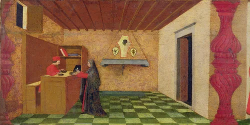 Predella van de ontheiliging van de hostie: de christelijke vrouw die door een Joodse pandjesbaas wordt gedwongen haar mantel vrij te kopen voor de prijs van de gewijde hostie, ca. 1467-69 (detail)