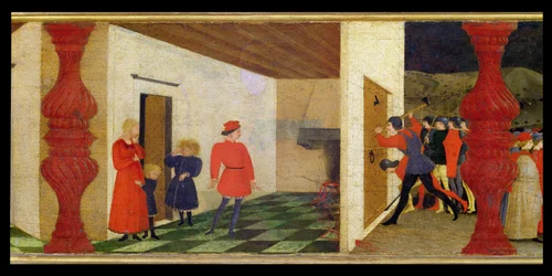 Predella van de ontheiliging van de hostie: de Joodse pandjesbaas roostert de gewijde hostie in het vuur waaruit bloed stroomt en trekt zo de aandacht van de gerechtsdienaren die de deur inslaan, ca. 1468 (detail)