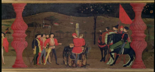 Predella van de ontheiliging van de hostie: de Joodse pandjesbaas en zijn familie op de brandstapel verbrand wegens het roosteren van de gewijde hostie, ca. 1468 (detail)