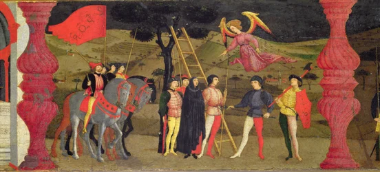 Predella van de ontwijding van de hostie: de berouwvolle christelijke vrouw wordt opgehangen omdat zij de gewijde hostie heeft verpand, ca. 1468 (detail)