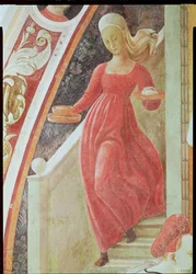 De Geboorte van de Maagd, dienstmeid die een trap afdaalt, uit de fresco cyclus van De Levens van de Maagd en St. Stefanus (detail)