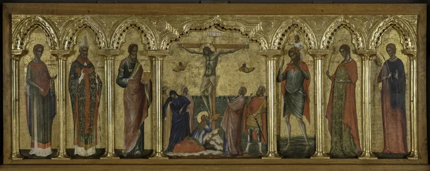 St. Stratonicus, St. Hermolaus, St. Matthew, St. Cristopher, St. Thecla en St. Abundius, Polyptych van de Kruisiging met Heiligen