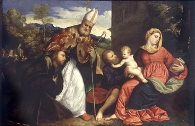 Heilige Familie met St. Ambrosius die een schenker presenteert