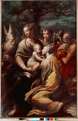 Madonna met kind, de heilige Margaretha, de heilige Michaël, de heilige Hiëronymus en de heilige Petronius (Petrone, Petronius). Schilderij van Francesco Mazzola, genaamd Il Parmigianino of De Parmesaan (1503-1540), 1528-1529. Afmetingen: 222 x 147 cm.