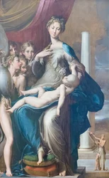 Madonna en kind met engelen, bekend als Madonna van de lange nek