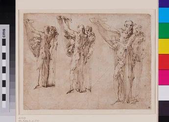 Drie studies van de heilige Hiëronymus en de heilige Franciscus in gesprek, recto ca. 1534 - 1539 (pen en bruine inkt met grijs gewassen papier)