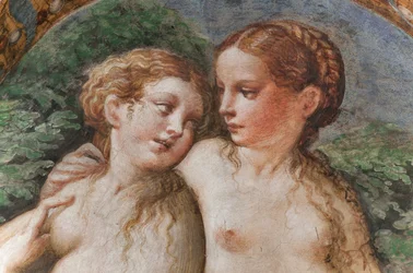 Twee nimfen bij het bad van Diana, uit de Kamer van Diana en Actaeon (detail)