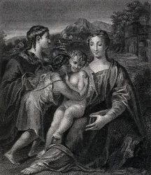Heilige Maria (de gezegende Maagd) met het Christuskind, de heilige Johannes de Doper en de heilige Maria Magdalena. Gravure naar G.F.M. Mazzola, il Parmigianino.