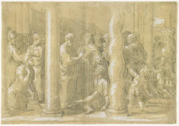 Heiligen Petrus en Johannes genezen de zieken bij de poorten van de tempel, ca. 1530