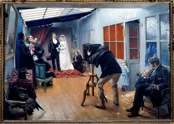 Een bruiloft met de fotograaf in 1879 Koppel van jonge bruiden poseren in de fotostudio. Schilderij door Pascal Adolphe Jean Dagnan-Bouveret (1852-1929) 1879