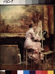 "Jonge kunstenaar die een aquarel maakt in het Louvre" Ze is gekleed in Belle Epoque-stijl en zit op een kruk. Schilderij van Pascal Adolphe Jean Dagnan-Bouveret, circa 1889