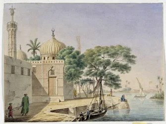 Uitzicht op een moskee aan het water, Egypte