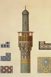 Een minaret en keramische details van de moskee van de Medrese-i-Shah-Hussein, Isfahan, plaat 24-25 uit 