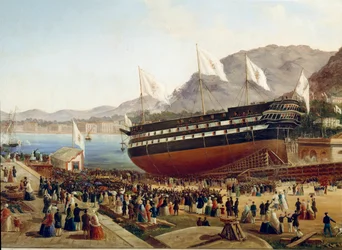 Inhuldiging van het schip Monarca in het arsenaal van Castellammare in Napels in 1854 (detail)
