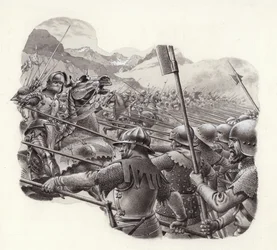 Zwitserse infanterie in de 15e eeuw (gouache op papier)