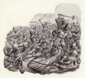 Afgeslachte ridders op het slagveld (gouache op papier)