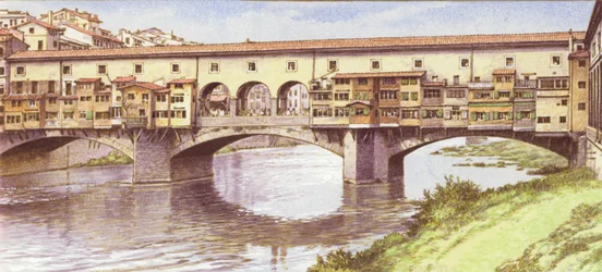 De Ponte Vecchio zoals hij was in de jaren 1970 (gouache op papier)