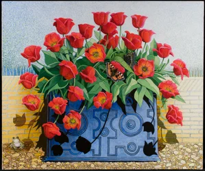 Getting There, 2011 (acryl op calico) bloemen; tulpen; stilleven; bloembak; pad; kikker; vlinders;