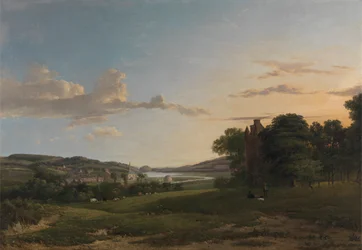Een uitzicht op Cessford en het dorp Caverton, Roxboroughshire in de verte