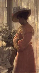 Dame in een roze interieur