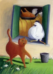 Kat en kip in de boerderijtuin - illustratie door Patrizia La Porta