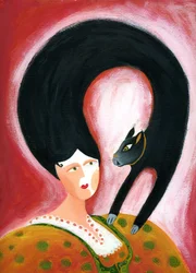 Strega del Tchesal (Chiesale): heks die in een kat verandert om mannen te bespioneren. Illustratie door Patrizia La Porta.