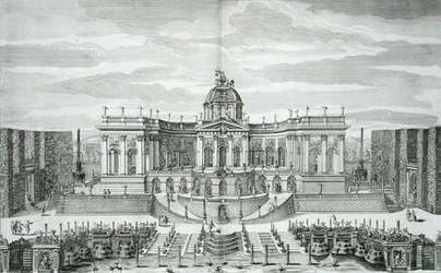 De Grote Grot en de Fonteintuin bij het Prinselijke Lustpaleis en Tuinen, Berlijn, gegraveerd door Johann August Corvinus, gepubliceerd ca. 1711-16 (gravure)