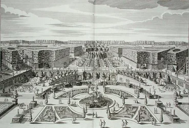 De Grote Waterval van het Prinselijke Lustpaleis en Tuinen, Berlijn, gegraveerd door Karl Remshard, gepubliceerd ca. 1711-16 (gravure)