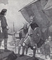 Broers Hengist en Horsa arriveren in Ebbsfleet, Isle of Thanet, Kent, tijdens de invasie door de Angelen, Saksen en Juten in de 5e eeuw (litho)