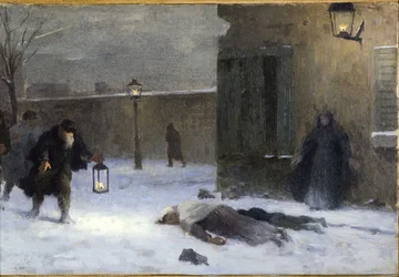 Schets voor het kantoor van de prefect in het Hôtel de Ville: De zoektocht naar de gewonden tijdens het beleg van Parijs in 1870