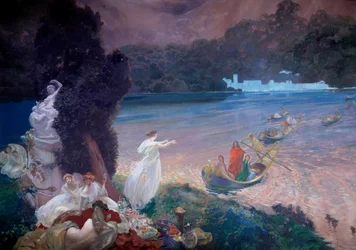 Gelukkig Eiland: scène van fabel die boten toont die gasten naar een banket op het gras brengen (detail)