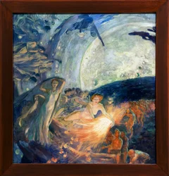 De Waarheid die de Wetenschappen meesleept om de Mensheid te verlichten (De Waarheid die de Wetenschappen volgt, straalt haar licht op de mensen). Schilderij door Albert Besnard (1849-1934) - Waarheid gevolgd door de Wetenschappen en licht brengend aan de 