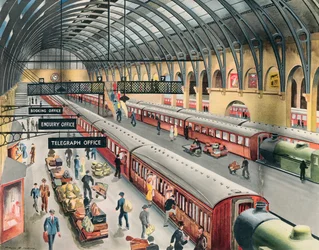 Een spoorwegstation (kleurenlitho)