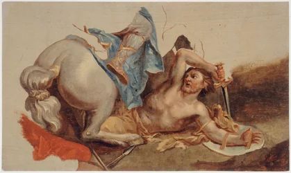 Studie van een gevallen paard en ruiter, naar Le Brun (olieverf op papier)
