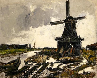 Nederland, een kanaallandschap met een houtzaagmolen