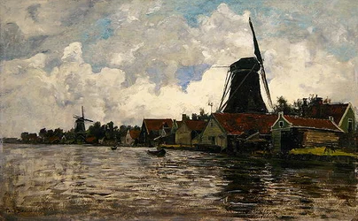 Holland, rivierlandschap met twee windmolens