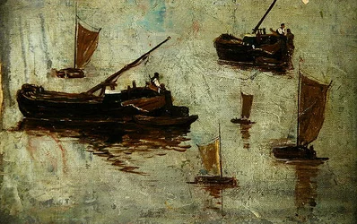 Twee schuiten en vier kleine zeilboten op het water