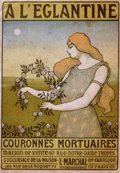 Levensstijl. Voor de wilde roos, rouwkranshandel, bloemist. Advertentie door Paul Berthon, Frankrijk, ca. 1900