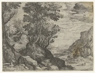Berglandschap met biddende kluizenaar