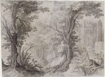 De heilige Maria Magdalena in de eenzaamheid. De uitgemergelde boetelinge zit op een verhoging en houdt een mand naast zich. Boven haar op de achtergrond staat een vervallen kleine ronde tempel, een vrije kopie van de Tempel van de Sibylle in Tivoli, met
