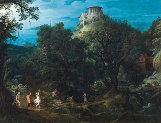 Een dicht bebost landschap met de Tempel van Vesta in Tivoli en een dansende sater en nimfen in een vallei (olieverf op koper)