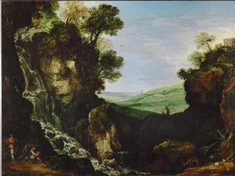 Landschap met waterval en Vestatempel in Tivoli