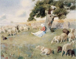 Herder met een kudde schapen